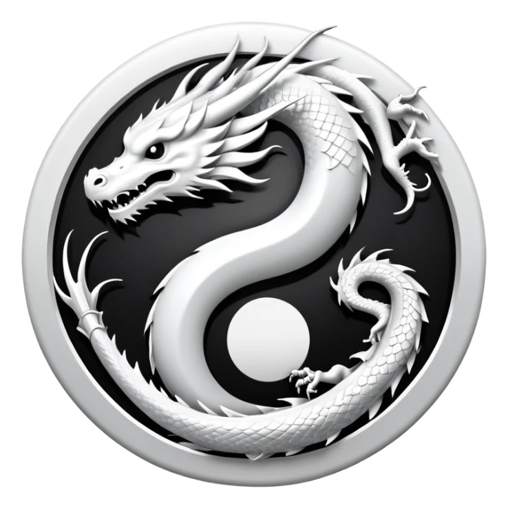 An icon symbolizing Eastern martial arts in the style of an emblem, featuring a black-and-white Yin-Yang symbol and a dragon at the center, surrounded by elements like a dojo. Transparent background highlights balance and power. sticker