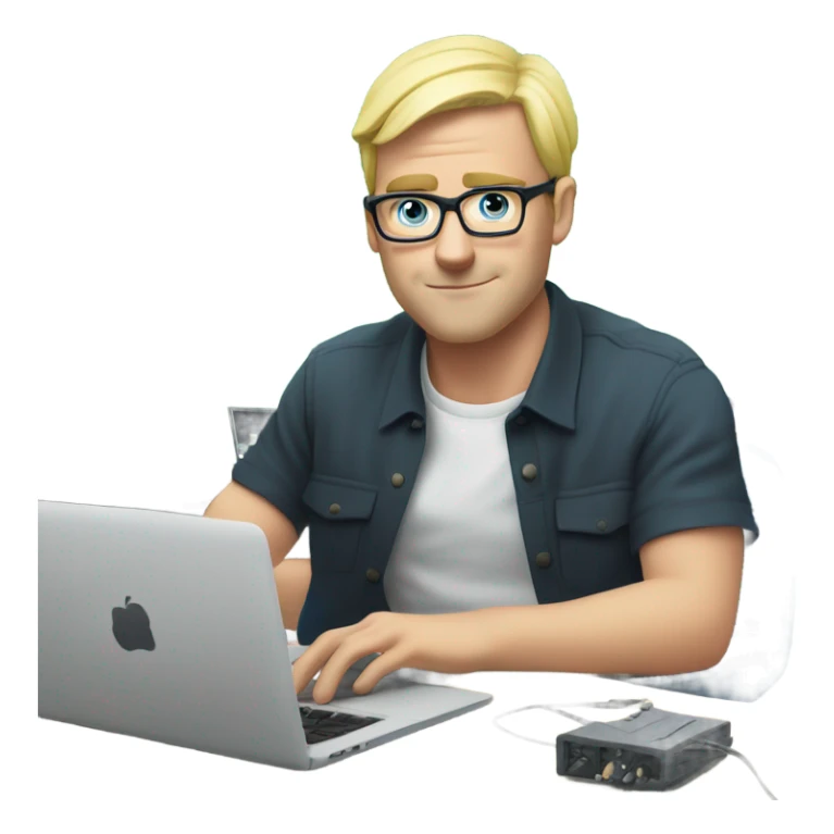 man looks 35 classes, european, tech nerd love pcb designing, blond short hair, blue eyes with specs behind macbook on the desk with green pcb laying and a oscilloscope  sticker