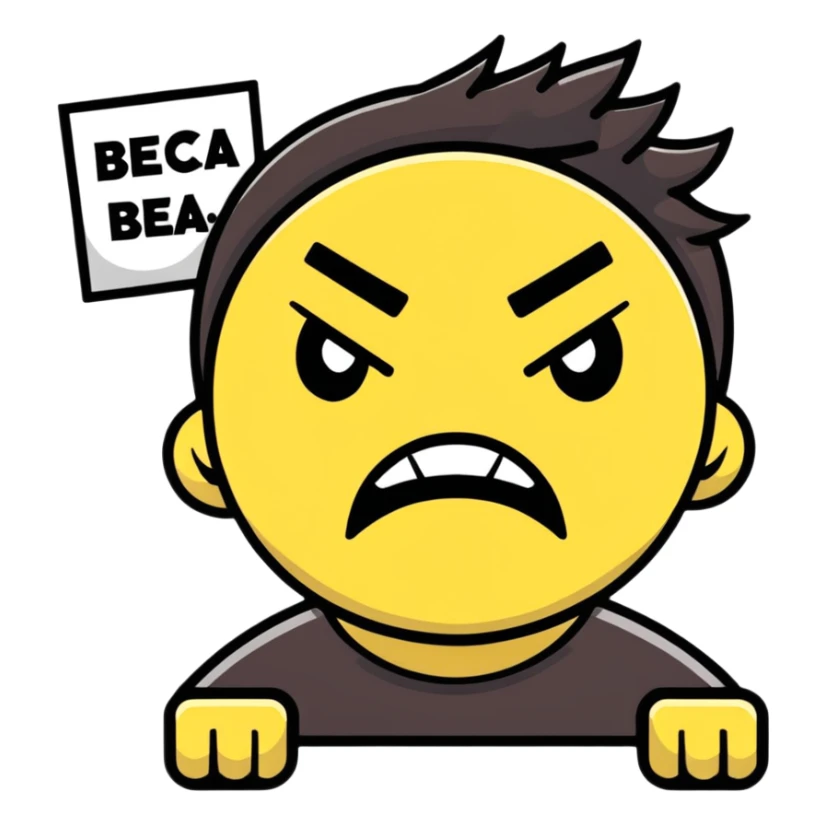 angry face with cursing symbols over the mouth, holding a protest sign that says 'Dammit Becca' sticker