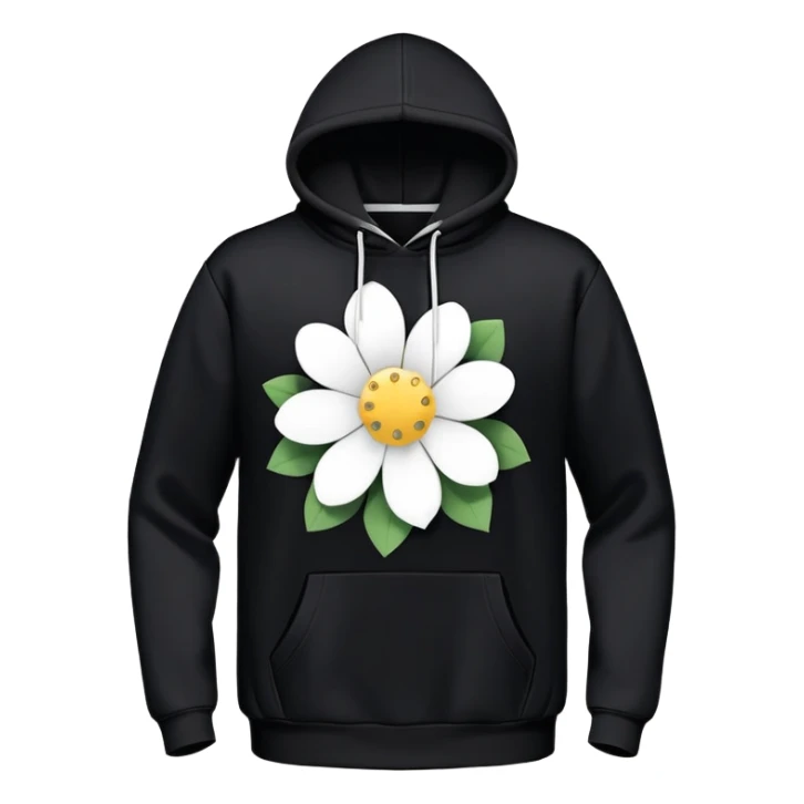 The BLACK Hoodie has a solid black base, accented with distinctive white open flower spots. Each flower has an empty space in the center, creating a hollow, ring-like appearance. These patterns are scattered across the hoodie for a bold and unique design. sticker