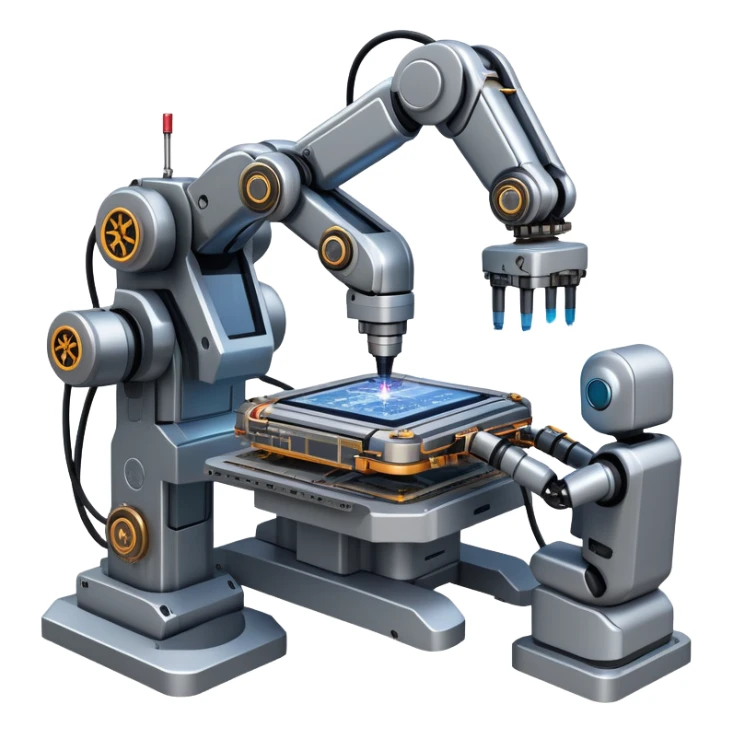 An icon featuring a giant robotic machine welding a large microchip with a laser, using two robotic arms. The design includes circuit boards, gears, and technical schematics, symbolizing advanced engineering and automation. Transparent background highlights the fusion of technology sticker