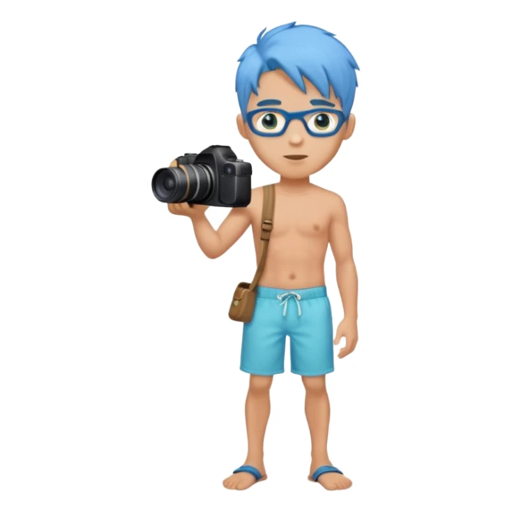 blue hair full body handsome man with camera and beach outfit  standing sticker