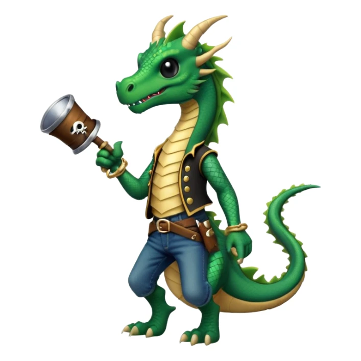 anthropomorphised dragon in a band t-shirt and jeans with a pirate eye-patch walking upright, relaxed pose sticker