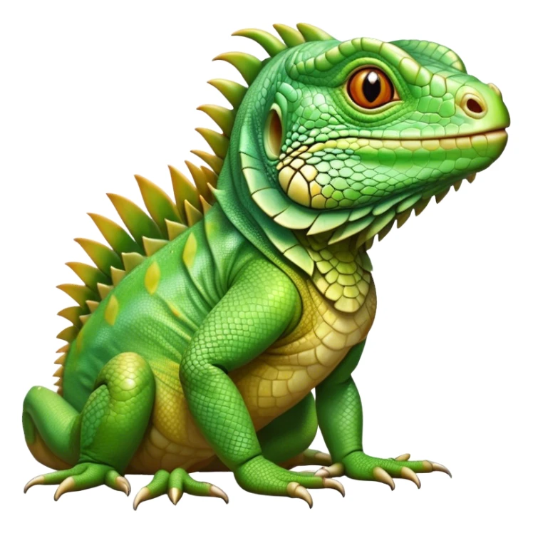 Cinematic Realistic Cute Iguana Portrait Emoji, Head tilted playfully and inquisitively, featuring a compact, agile build with a glossy, intricately scaled body in vivid green hues and a characteristically expressive face with bright, curious amber eyes, rendered in lifelike detail with natural highlights, high shine, affectionate and lively, styled with a touch of tropical whimsy, soft glowing outline, capturing the essence of a mischievous yet lovable iguana that seems poised to scurry out of the screen into your arms! sticker