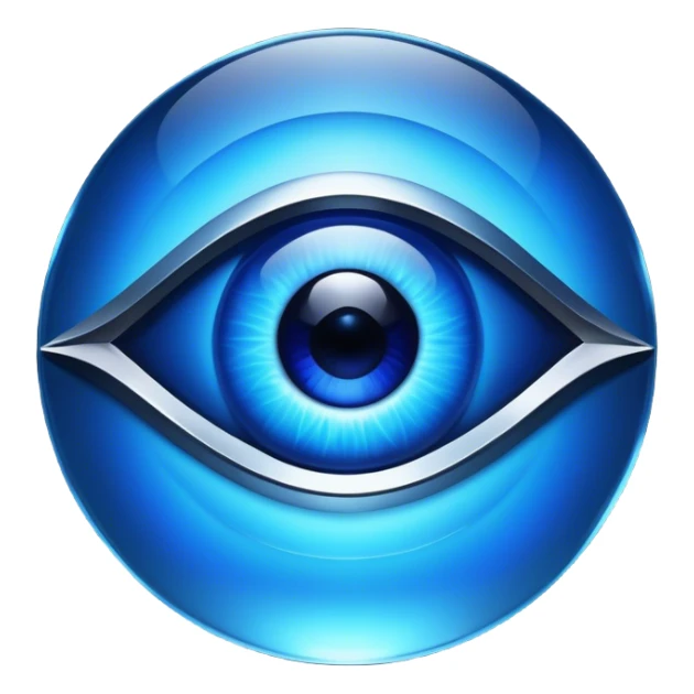 Cinematic Realistic image of a glass Evil Eye blue stone, rendered with translucent, luminous blue hues and finely cut facets that catch soft reflective light, set against a dark, minimalist backdrop to emphasize its mystical allure. sticker