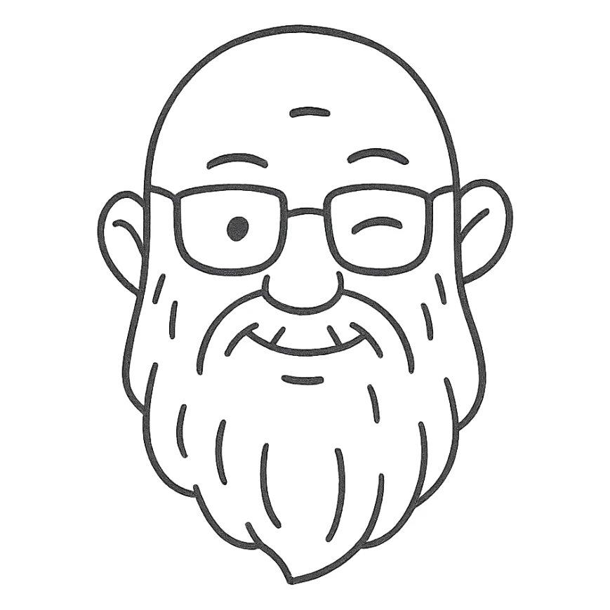 hand-drawn outlined icon of a bald man with glasses, long white beard, winking sticker