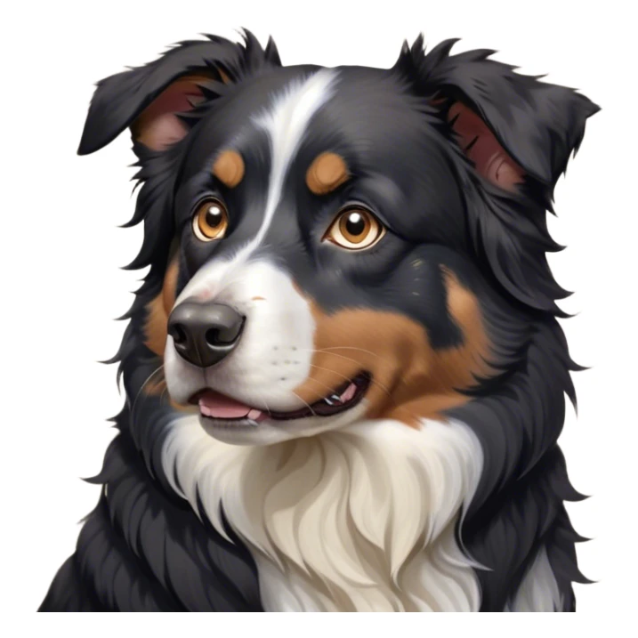 Cinematic Grumpy Black Tri Australian Shepherd Portrait Emoji, Head tilted slightly with a deeply unimpressed expression, thick black fur with bold white and tan markings, large, droopy dark eyes narrowed into an unamused glare, ears drooping in exasperation, Simplified yet comically expressive features, highly detailed, glowing with a dry, sarcastic glow, high shine, effortlessly judgmental yet dignified, stylized with a touch of cynicism, bright but brooding, soft glowing outline, capturing the essence of an eternally unimpressed yet endearing pup, so lifelike it feels like it could sigh heavily at you in disdain at any moment! sticker