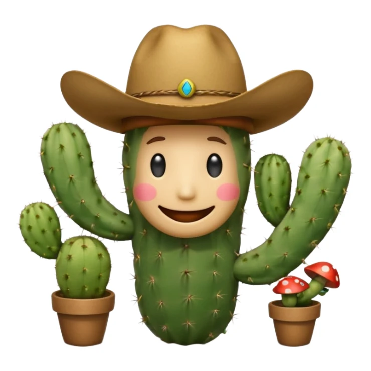 Make a cactus that has this smily face “😁” and a cowboy hat and holding shrooms sticker