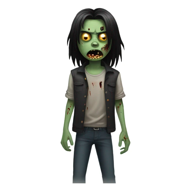 boy, zombie, with black medium long hair, scary face sticker