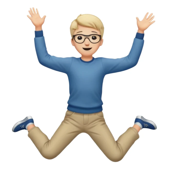 Very excited boy, jumping for joy, full body, eyes closed, wearing glasses sticker