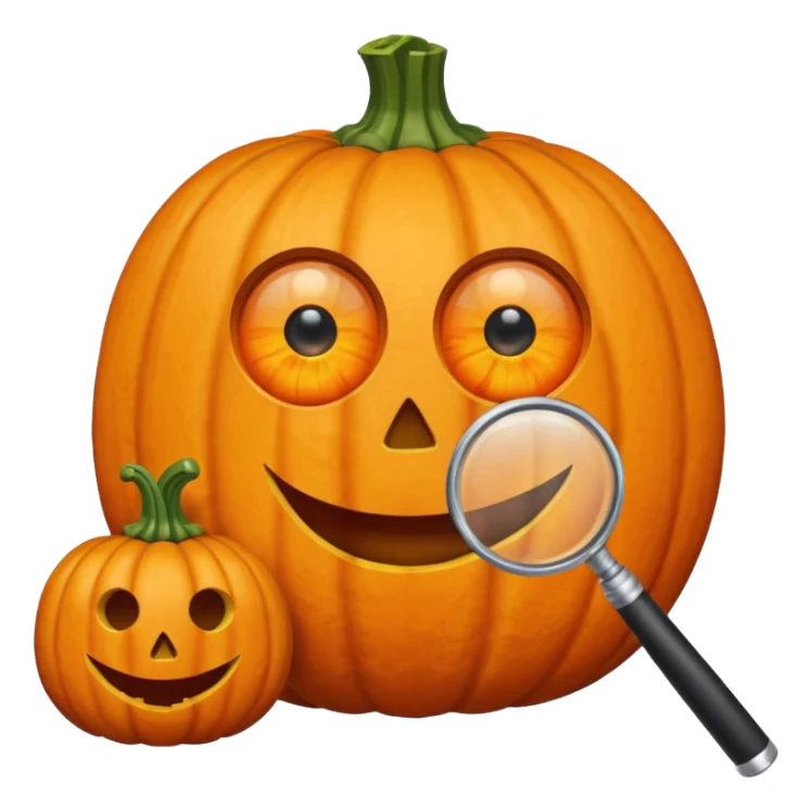 A pumpkin smiling at a magnifying glass (the magnifying glass has limbs and a suit thats black, the magnifying glass also has a eye, looks like a cyclops eye, one eye in the middle) sticker
