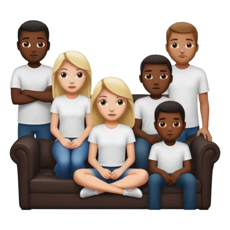 A white girl sitting alone on a couch with 5 black men in white shirts behind the couch sticker