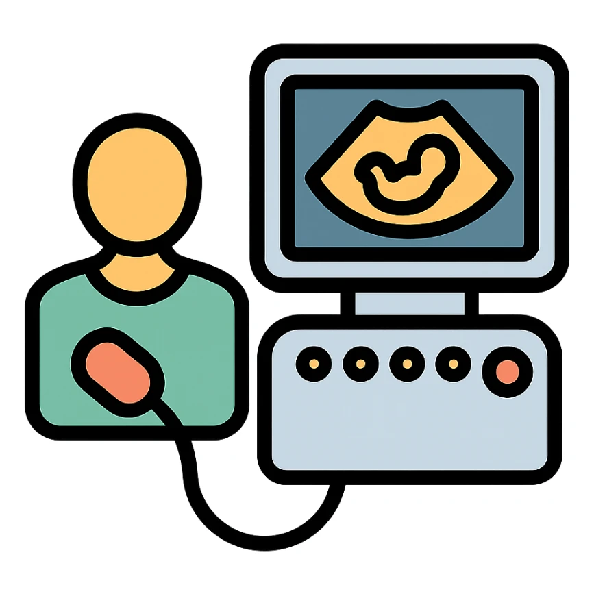 ultrasound machine, color outline icon style, with patient silhouette sticker