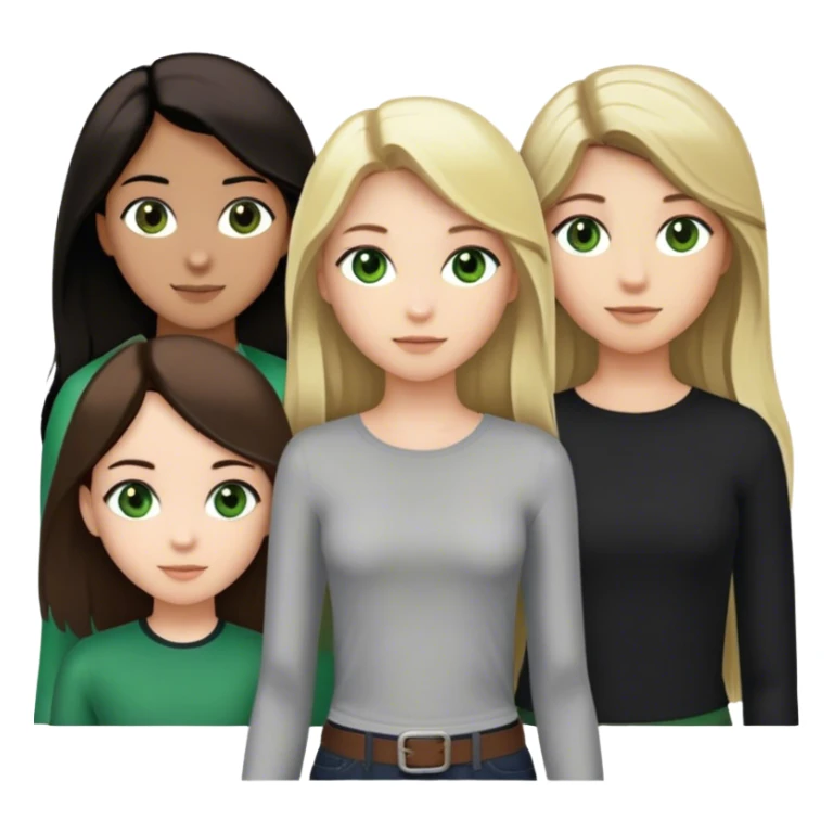são 4 amigas, uma branca do cabelo loiro bem longos e olhos verdes, uma parda com os cabelos abaixo da cintura castanho claro dos olhos castanhos, uma branca do cabelo preto tamanho médio e olhos castanhos e a outra parda do cabelo castanho escuro abaixo da cintura e olhos castanho médio sticker