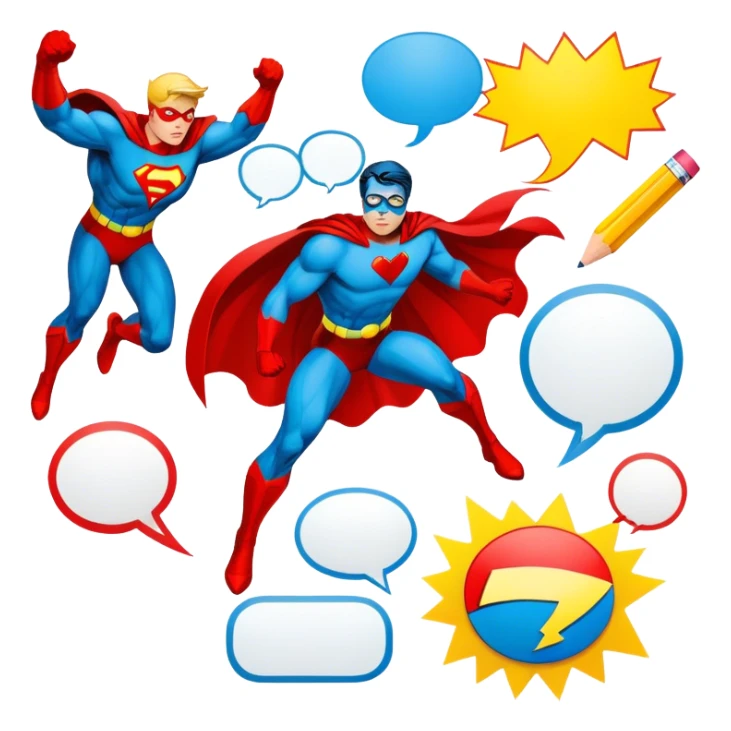 Create a vibrant and dynamic emoji representing comic books and graphic novels as an art form. The design should feature a comic book page with panels and speech bubbles, showcasing bold lines and vibrant colors. Include elements like a pencil or pen, as well as a superhero icon or an action scene to symbolize storytelling through visuals. Use bright, energetic colors like red, blue, and yellow to convey excitement and creativity. The overall design should feel playful, creative, and artistic. Make the background transparent. sticker