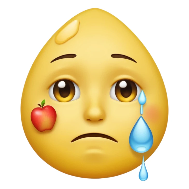yellow emoji face with sad expression and one teardrop under the eye, white tissue or handkerchief wiping the tear gently, apple emoji style, simple white background sticker