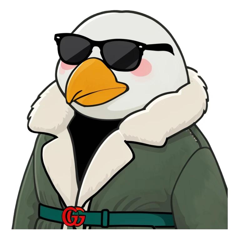 Penguin wearing sunglasses and puffy fur jacket and Gucci belt sticker