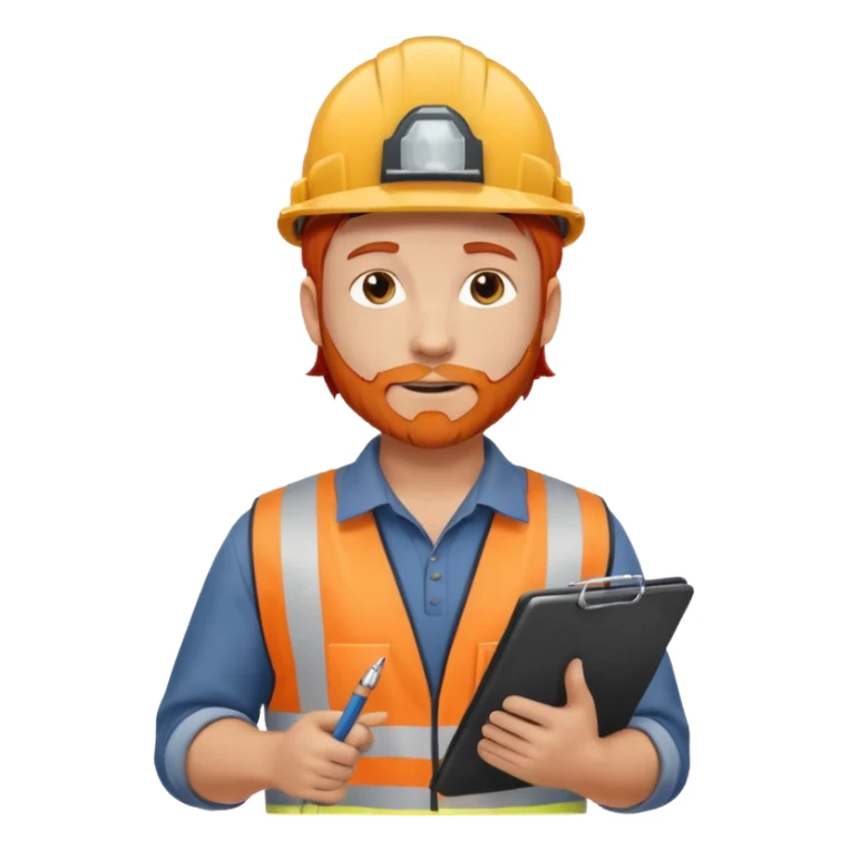 A safety construction worker who is male and has red hair, no beard but slight facial scruff from time to time. He needs a hard hat and maybe a clipboard with a check list for his safety checks. sticker
