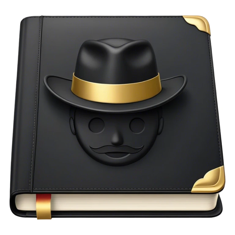 A sleek black book with gold accents, a polished leather texture, and an embossed symbol of a man tipping his hat, a deck of cards, or a golden key, radiating charisma, strategy, and the mastery of social dynamics. sticker