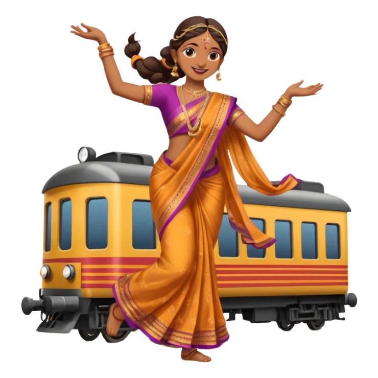 An Indian woman dancer dancing on top of a running train. sticker