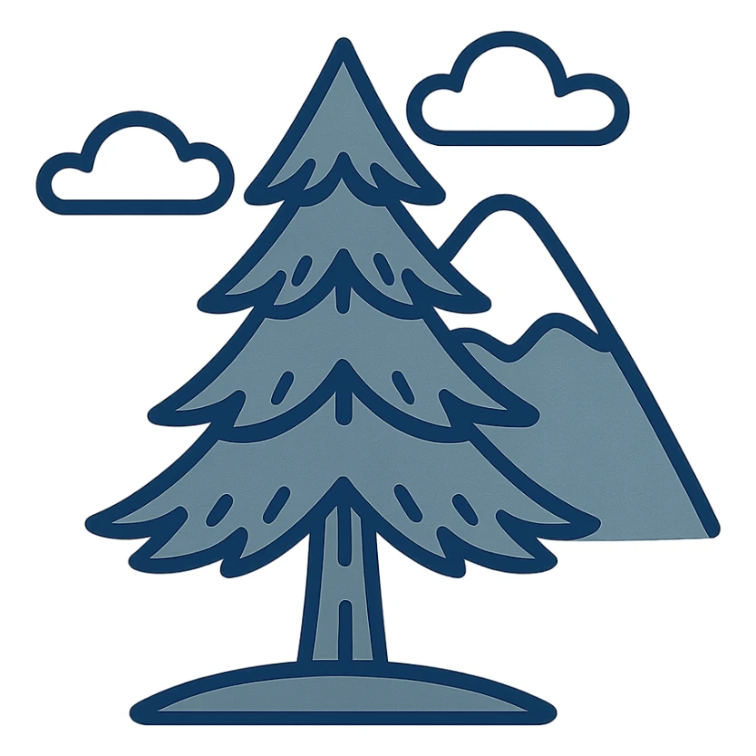 simple single evergreen tree with clouds and mountain in Scandinavian folk art style, dark neutral forest colors, suitable for favicon or emoji sticker
