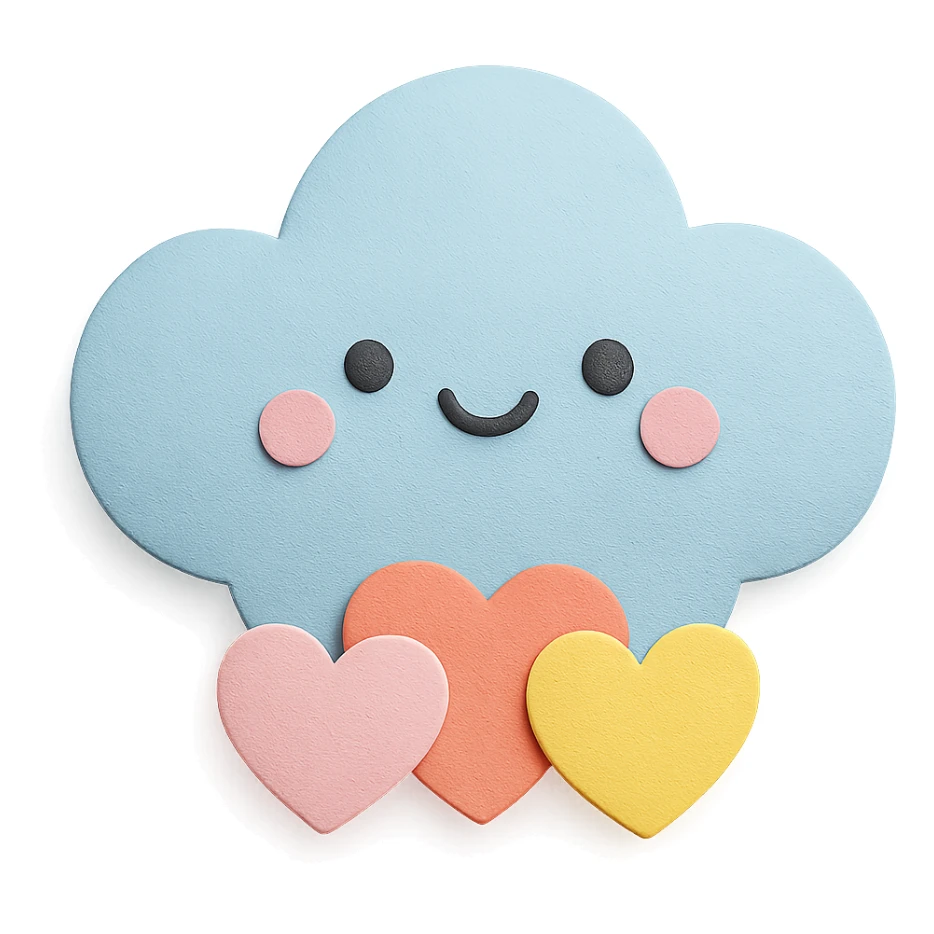 Regenerate the image as a soft pastel puffy cloud holding tiny pastel hearts, no arms, no legs, transparent background, full body, in paper craft style. Keep the paper craft texture and kawaii look. sticker