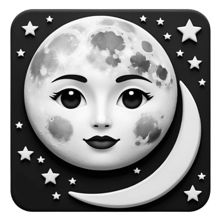 Visualize on-brand content — instantly. black white pallete preferred. brush painting on a canvas. app icon. modern, sleek, minimalistic. ai generated. make moon and star to look like a face. sticker