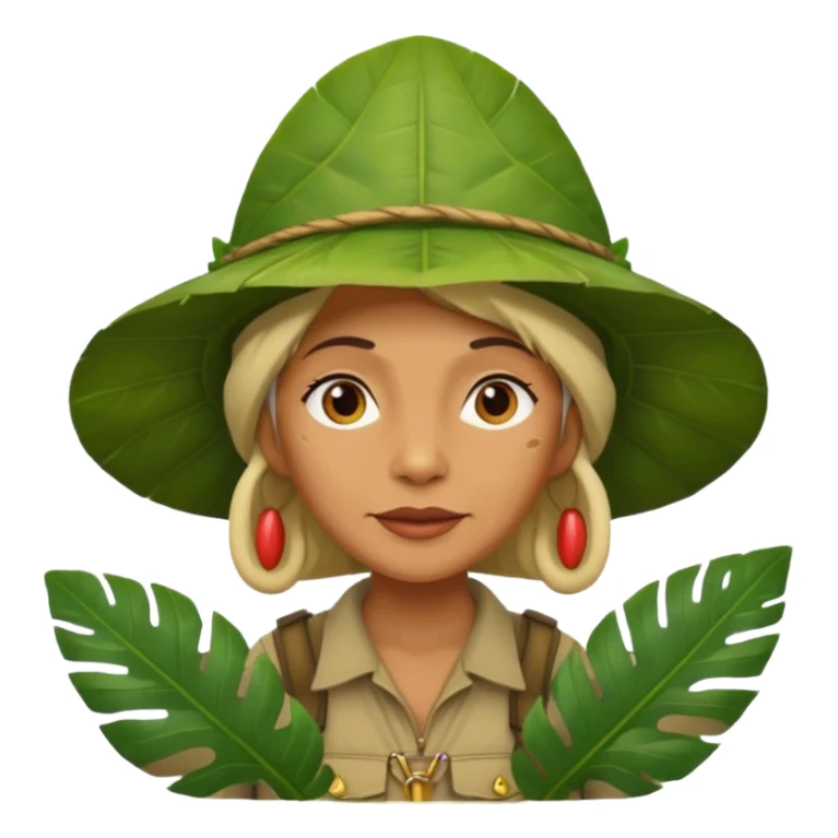 a old female explorer with jungle wearing a large leaf headgear bye  sticker