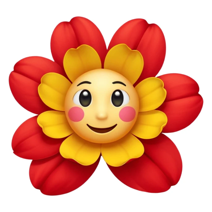 A flower with round yellow face with soft gradients, large glossy black cartoon eyes, and a simple curved smile. Surrounding bright red inflated petals with smooth shading and soft reflections. sticker