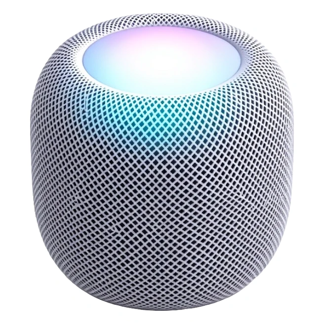 Modern Apple HomePod mini smart speaker, spherical compact design with touch interface on top, minimalist aesthetic sticker