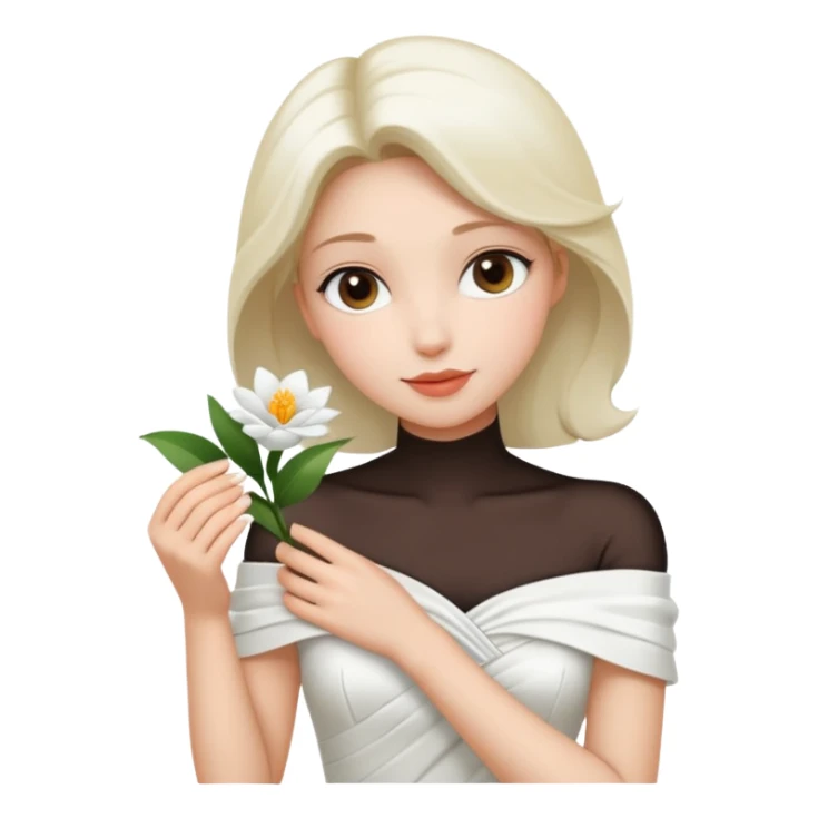 Pretty lady wearing a white silky off-the-shoulder folded neckline and holding a white flower on her right hand sticker