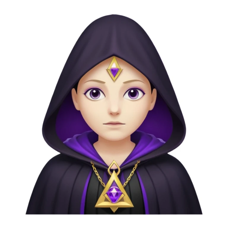 illuminati shadow figure standing in black cloak with gold triangle necklace, purple background sticker