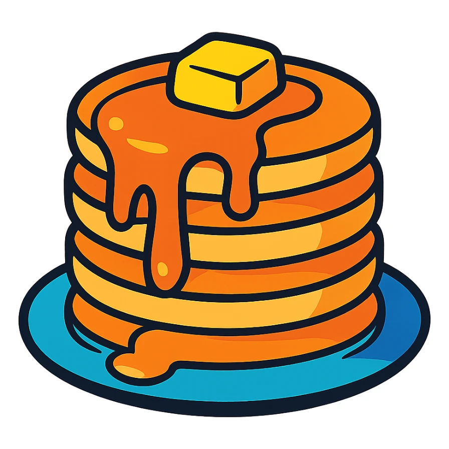 a stack of pancakes with syrup, playful cartoon style sticker