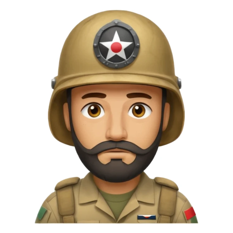 very tired Iraqi military, in a helmet, with a beard sticker