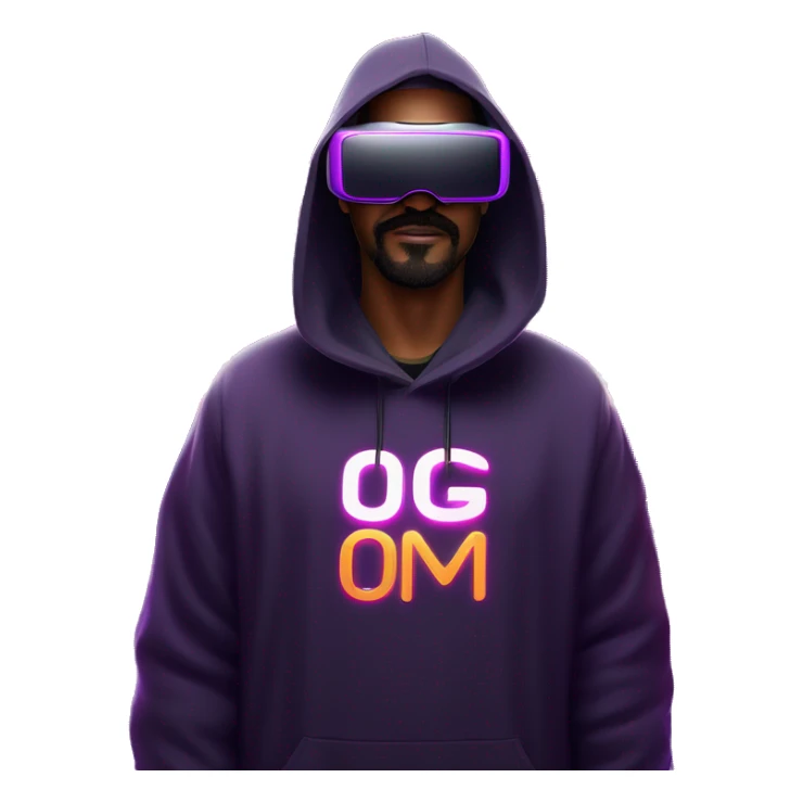 Big Lebowski wearing a black hoodie with "OMG" letters on it and VR headset oculus quest 2 in a cyberpunk VR environment with violet neon lighting. sticker