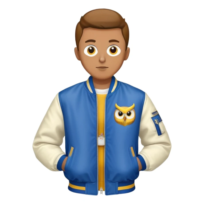 a guy in a blue bomber jacket with white sleeves with a yellow owl logo on the left side of the bomber jacket next to his chest sticker