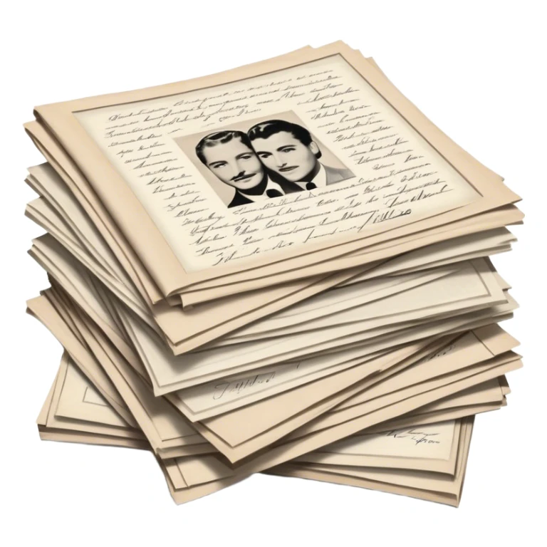 Icon for Autograph Collecting: several vintage framed with signatures of famous celebrities sheets stacked one on top of the other, each . The icon should evoke the charm and history of collecting autographs. Transparent background. sticker