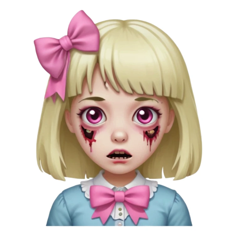 zombie girl with bangs, medium light hair and a pink bow sticker