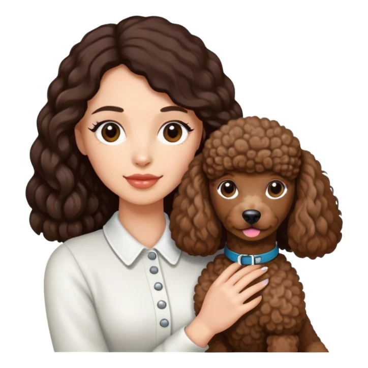 woman with long dark brown hair holding a poodle sticker
