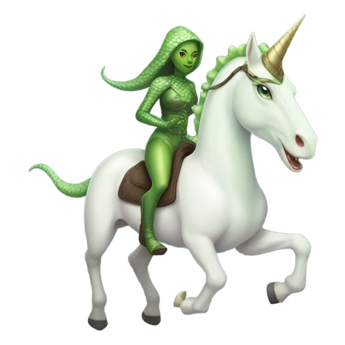 reptilian alien woman on a white unicorn sticker