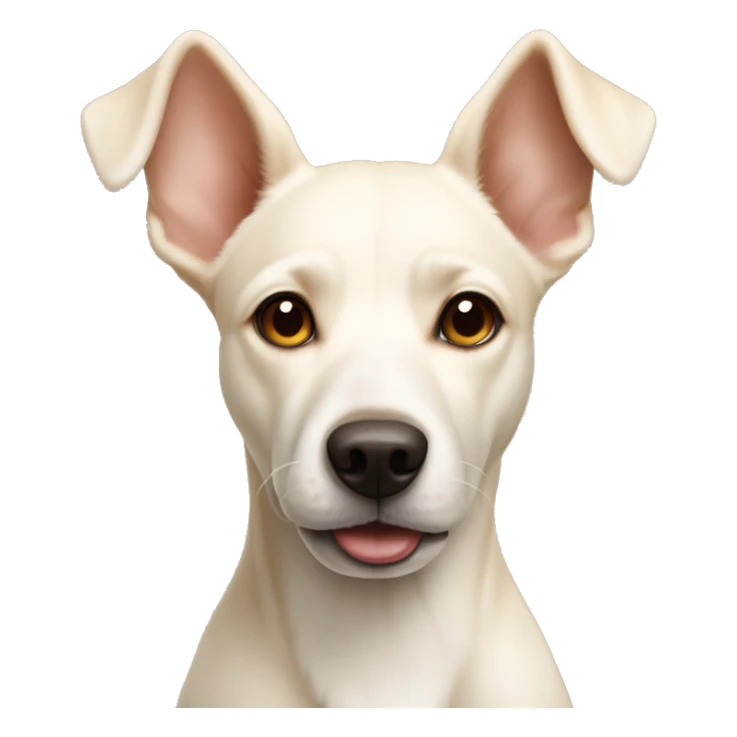 cream white colored dog, pointy ears, brown eyes, light brown nose sticker