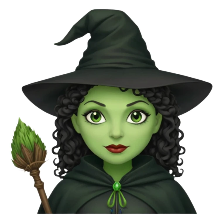 elphaba wicked witch with broom close up, evil dark curly hair, green skin, thick lips, cheekbones, smirk evil menacing cythia erivo dark aesthetic black hat cloak  sticker