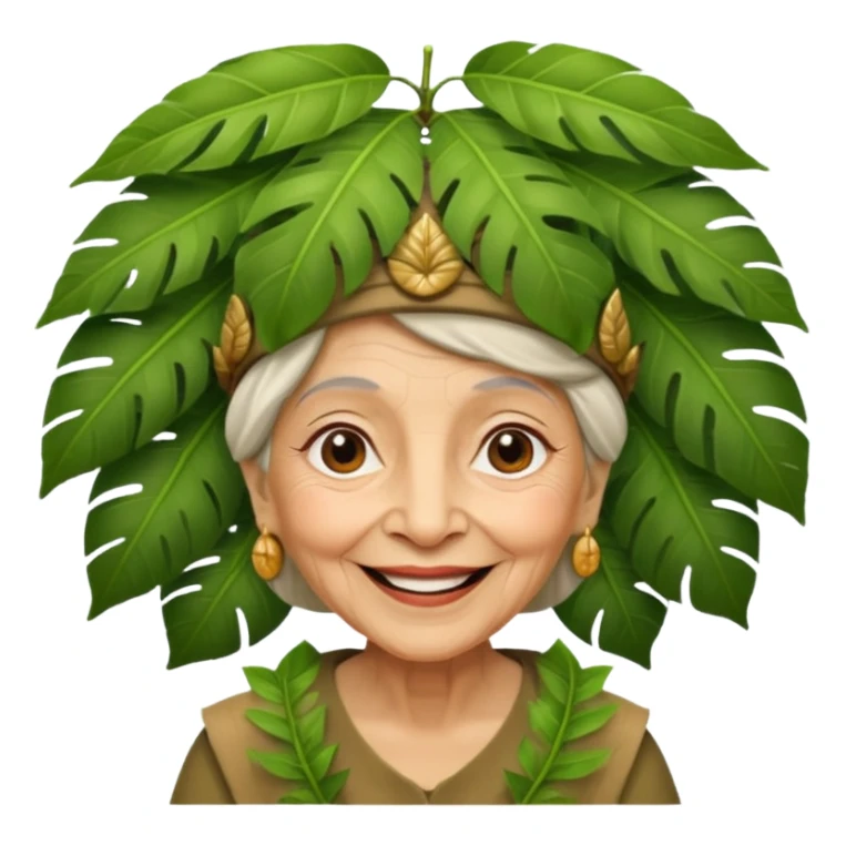 a old woman with jungle wearing a large leaf headgear bye  sticker