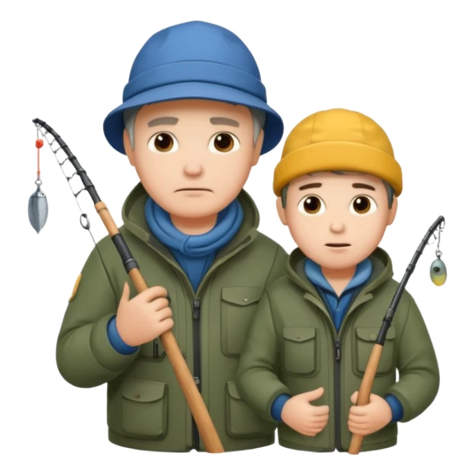 Father and son in fishing gear gesturing that they are cold sticker