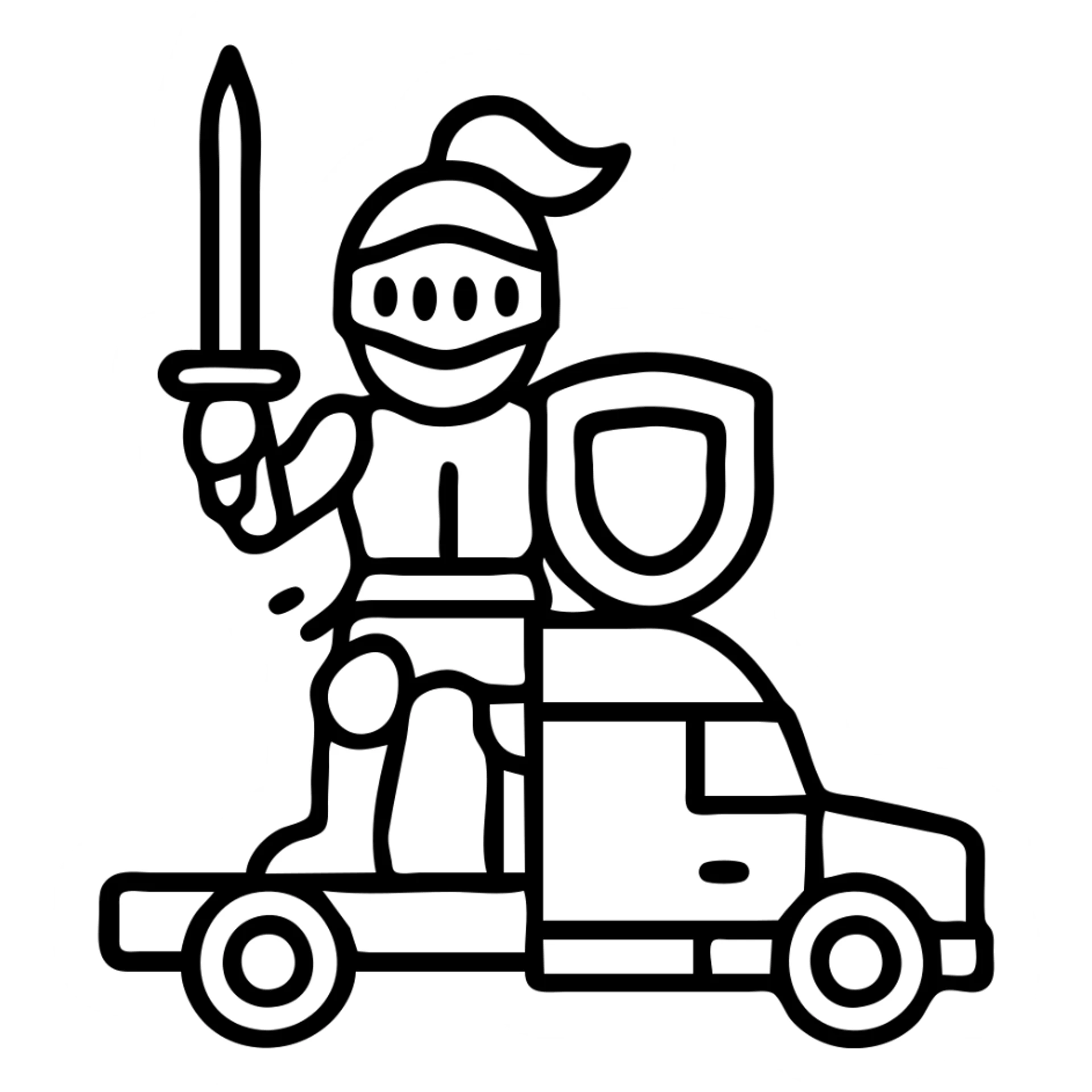 Make Casper the knight smaller, about the same size as the white semi truck, outlined icon style, keep transparent background. sticker