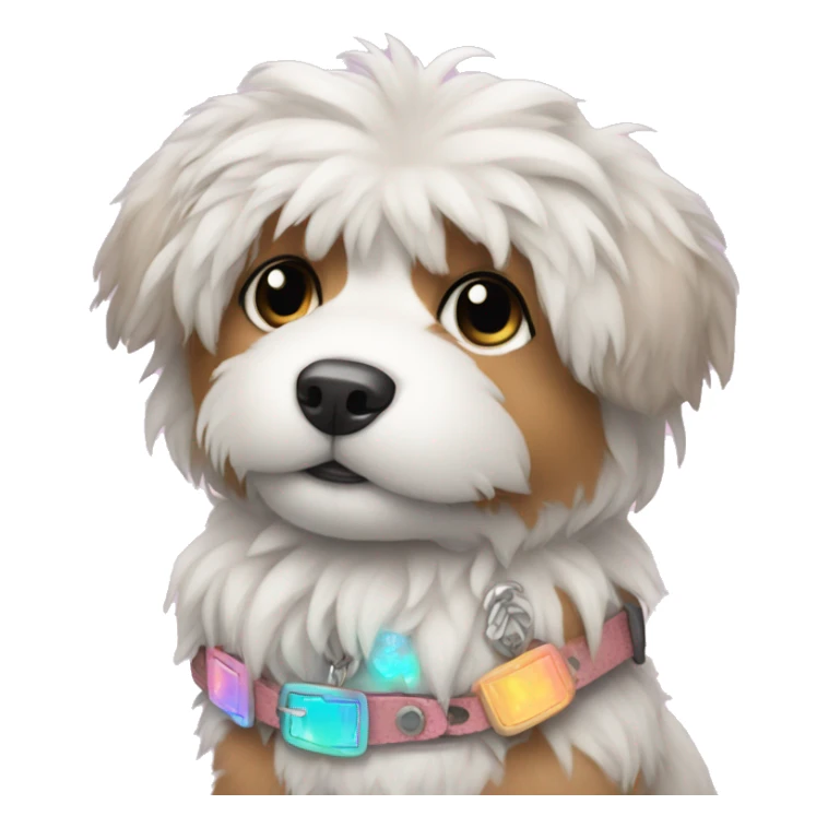 Fluffy dog with tattoos and holographic harness sticker