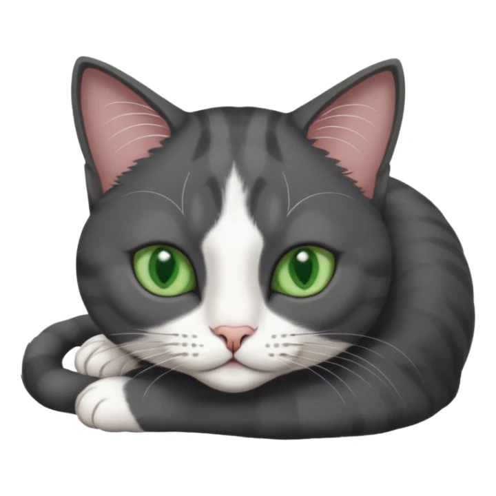 beautiful female solid dark grey cat with green eyes, white toes/paws and white patch on her chest lying down sticker