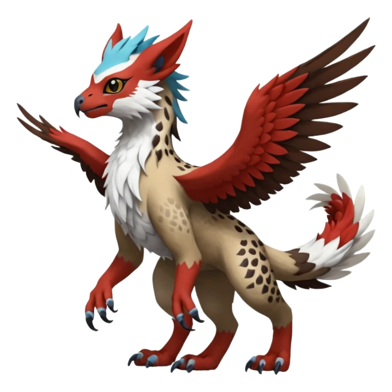 Winged hyper-realistic Feral Rare realistic edgy brown, white, red pretty beautiful handsome gorgeous aesthetic colorful vibrant Vernid-Trico-Silvally-Nargacuga-Gryphon-fusion-hybrid-species-Fakemon-creature by LiLaiRa, random markings, tufted ears, full body with snow-leopard-pattern-markings sticker