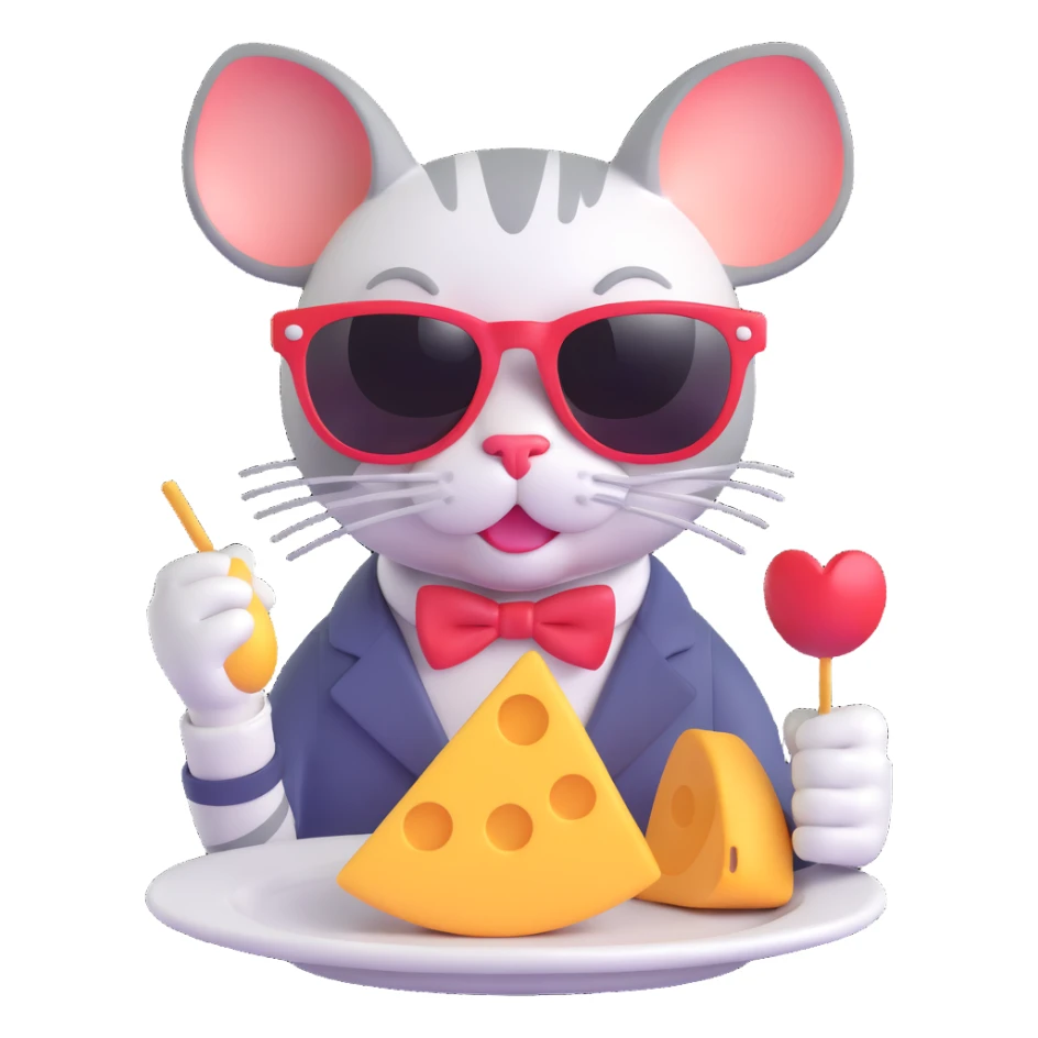 cool cat with sunglasses eating a mouse, 3D emoji style sticker
