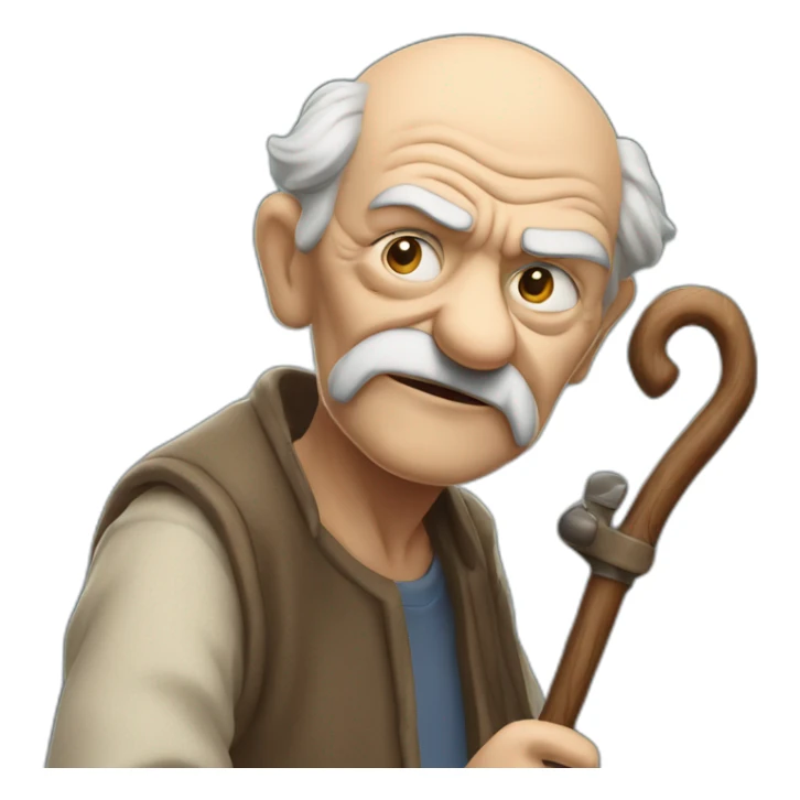 Old man leaning on a walking cane and holding his crancky back with his hand, grumpy face, detailed sticker